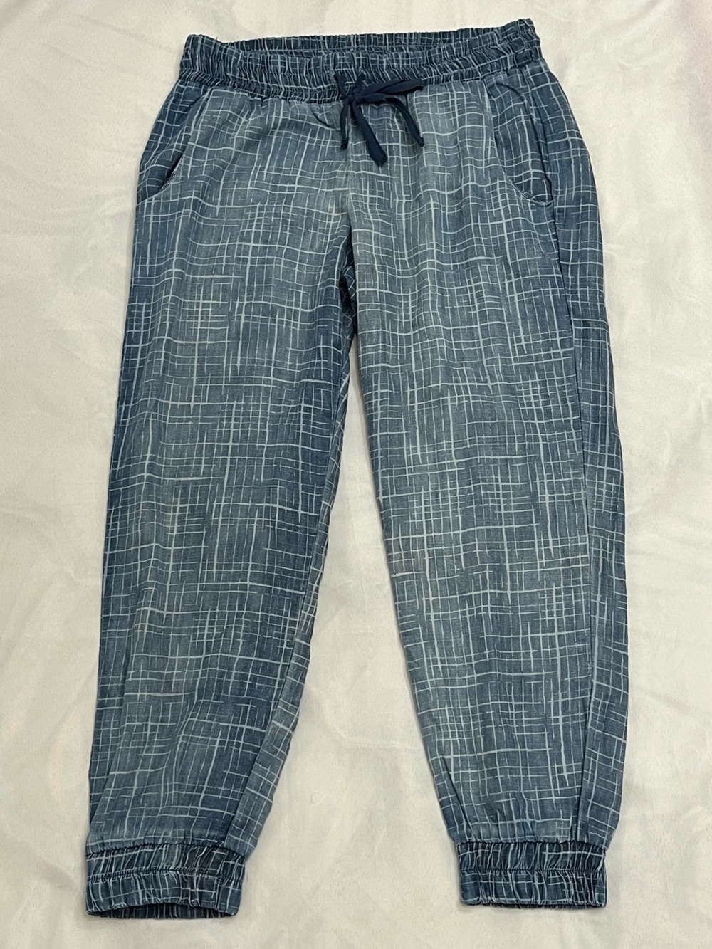 Rare Anthropologie cloth & stone Blue Crosshatch Grid-Pattern Joggers Medium EUC